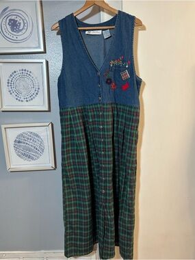 Vintage CS Studio Collection Sleeveless Women’s Denim & Plaid Maxi Dress Pockets